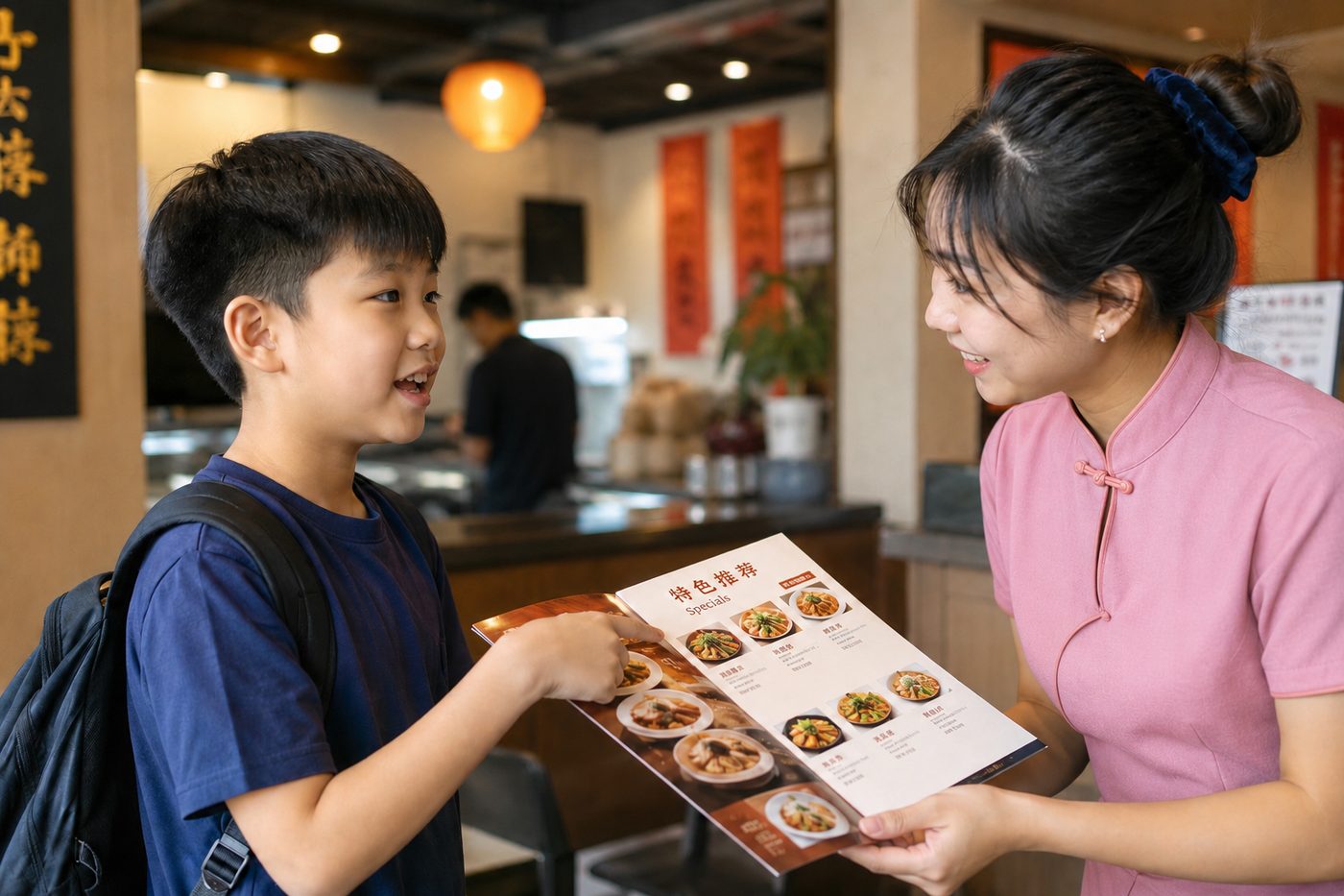 เด็กกำลังสั่งอาหารเป็นภาษาจีนกับพนักงานร้าน